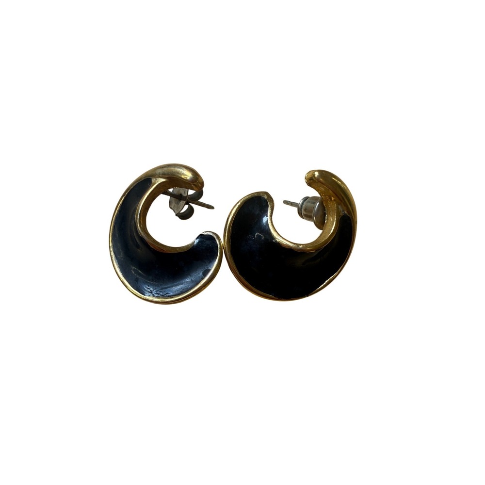 Vintage 80s Retro Enamel Hoop Monet Earrings Gold Black C-Hoop Studs